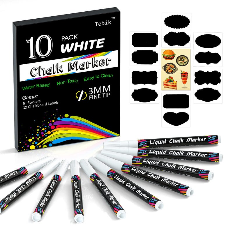 Tebik White Liquid Chalk Markers Set, Pack of 10 White Chalkboard Paint Pens with 12 Chalkboard Labels, 5 Stickers, Perfect for Chalkboards, Bistro Boards, Glass and Metal - Image 1